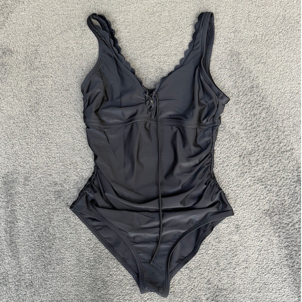 Kona Sol Womens Black Scalloped V-Neck Ruched One Piece Swimsuit Size M